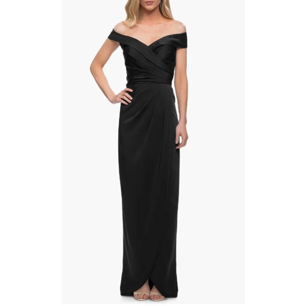 La Femme Column Gown Women's 6 Black Surplice Off the Shoulder Cap Sleeve Maxi